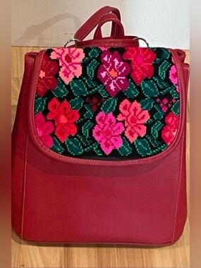 Red Floral Embroidered Women's Faux Leather Backpack